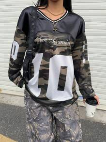 SHEIN EZwear Rave Outfits Festival  Women's Oversized V-Neck Camo Print Sweatshirt, Casual & Stylish For Everyday Wear