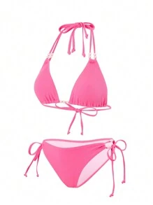 SHEIN 女士沙滩装，休闲度假吊带纹理仿珍珠纯色粉色比基尼两件套 - 粉色 - 查看 3