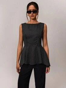 Forever 21 Women Casual Everyday Commute Sleeveless Ruffle Hem Striped Blouse, Spring