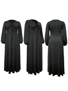 INAWLY Vestido de talla grande con abertura lateral en unicolor - Negro - Ver 3