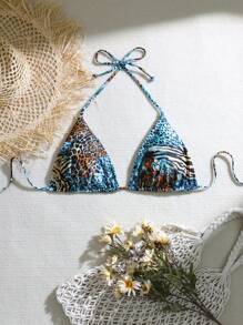 SHEIN Swim Curve 夏季单件大码女式露背印花性感三角比基尼上衣，休闲度假比基尼 - 彩色 - 查看 1