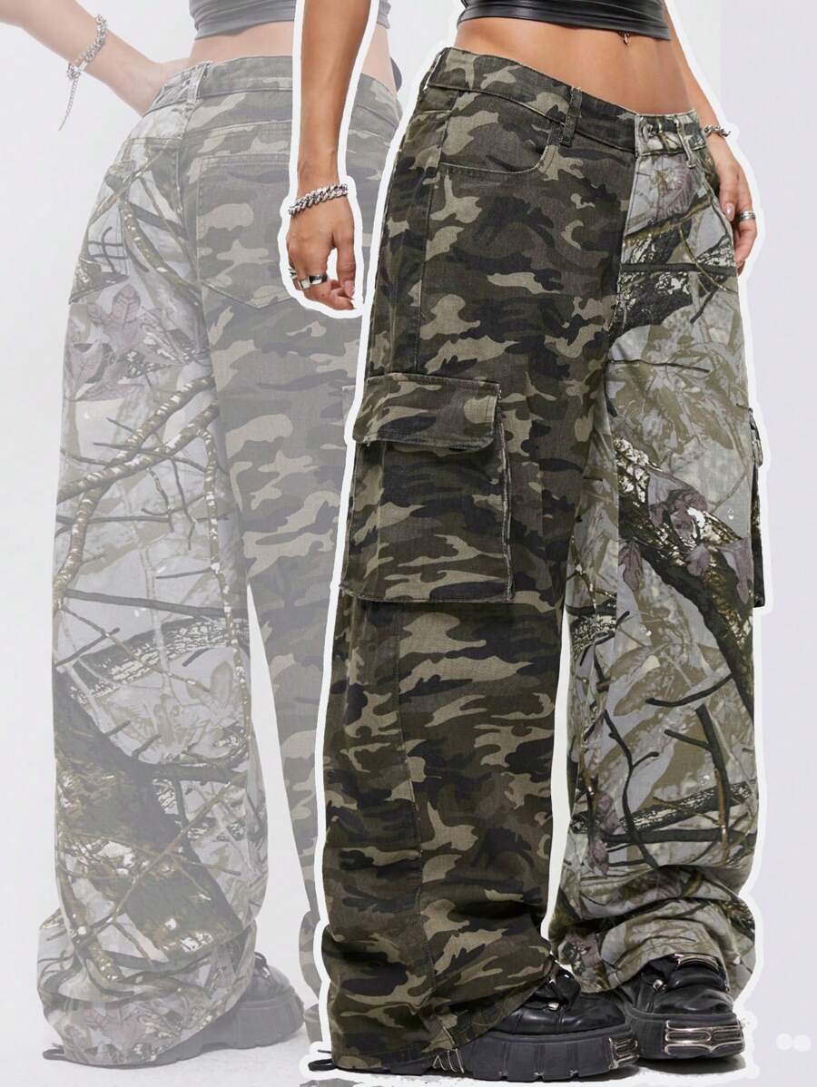 SHEIN EZwear 女士春夏基本款迷彩中腰牛仔裤，适合狂欢节服装 - 軍綠色 - 查看 1