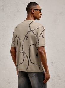 AKNOTIC Party Men's Casual Khaki Chain Letter Jacquard Knitted Oversized Crew Neck Sweater, Suitable For Daily Wear And Vacation, Spring/Summer - Khaki - View 7