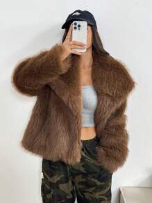 SHEIN EZwear Women Fluffy Coats - Brown - View 1