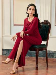 ZEYLAH Women's Asymmetric TWIST  NECK WITH Metal Button SLIT FITTED  DRESS FOR Valentine's Day OUTFIT, LONG SLEEVES , BELL SLEEVE DRESS, FOUR WAY STRETCH KNIT FABRIC - Red - View 3