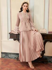 ZEYLAH WOMEN'S 2PCS RUFFLE HEM SLEEVES PLEATED TOP AND PLEATED MAXI SKIRT - Pink - View 1