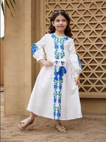 Young Girl Blue Abaya Kaftan Jalabiya Tunic, Ramadan Ramadan Local Conservative Attire, Rose Print Vacation Casual Fashion Waist Belt Tassel Pendant Dress - Blue - View 4