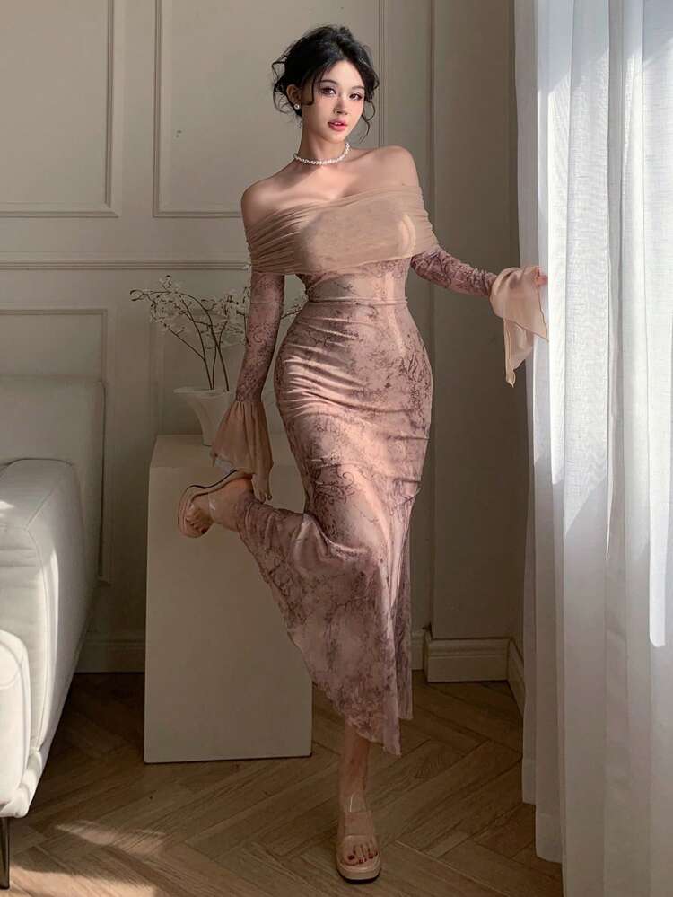 Women's Full Ditsy Floral Print Ruffle Trim, Bell Sleeve, Off Shoulder Midi Dress, Spring & Summer Holiday Elegant Easter