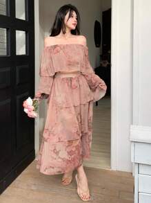 DAZY 2pcs Set Women Full Floral Off Shoulder Ruffle Shirt And Peplum Skirt,Fall Women Clothes