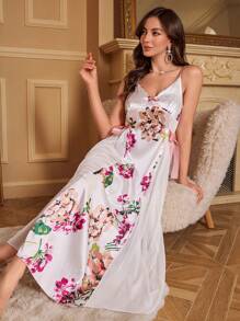 Váy ngủ Maxi lưng cao in hoa bằng lụa giả và lưới cho nữ - trắng - Xem 6