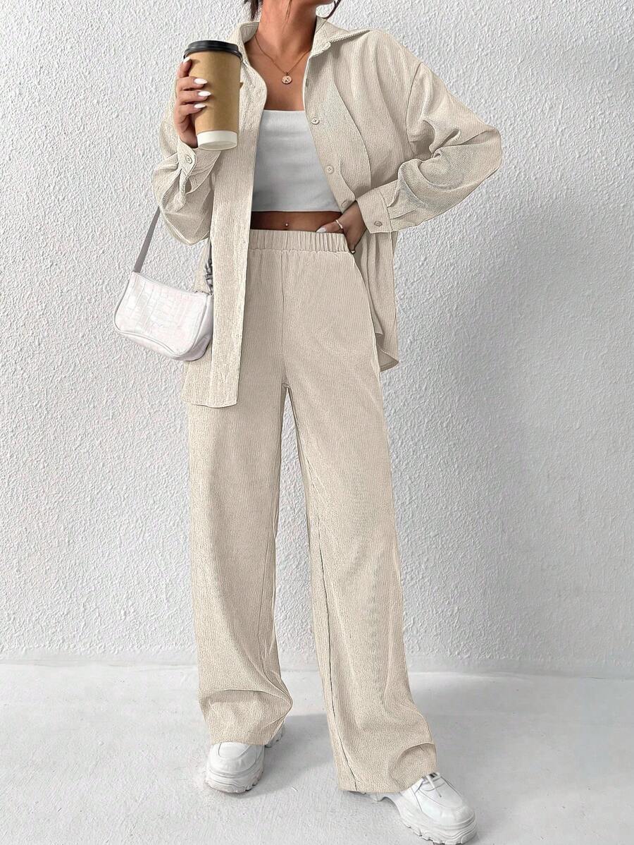 Flirla 2pcs Women Casual Button Down Shirt And Pants Set, Autumn 2 Pieces Set Pants Linen Set Women Wide Leg Pants Set Fall Cloth For Women - Apricot - View 1