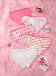 5 条装心形可爱多色三角裤，青少年女孩内衣 - 玫紅色 - 查看 2