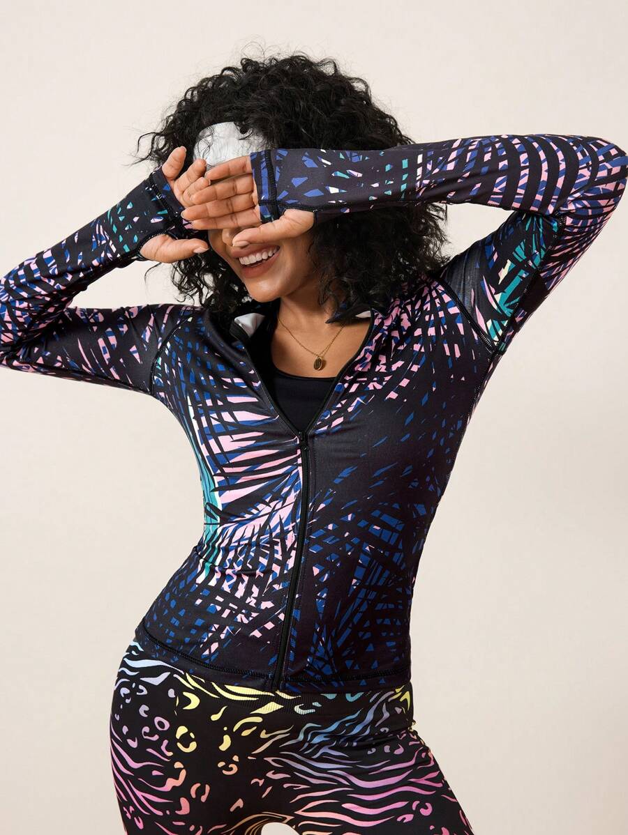 SHEIN All-Over Print Zip-Up Fitted Long Sleeve Active Jacket - Multicolor - View 1