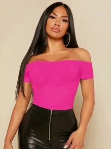 SHEIN SXY Off-Shoulder Solid Color Women's Rose Red Tights - Hot Pink - View 4