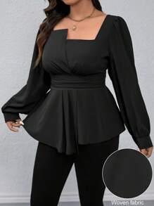 Rometta Blus Kasual Ukuran Besar dengan Bahu Asimetris, Lengan Raglan, Ikat Pinggang, dan Hem Bentuk Lentera untuk Wanita, Pakaian Musim Gugur - Hitam - View 4