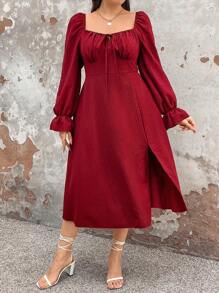 SHEIN Unity Sweet Square Neck Puff Sleeve Waist Flared Hemline Split Dress Fall Cloth For Women - Multicolor - View 3