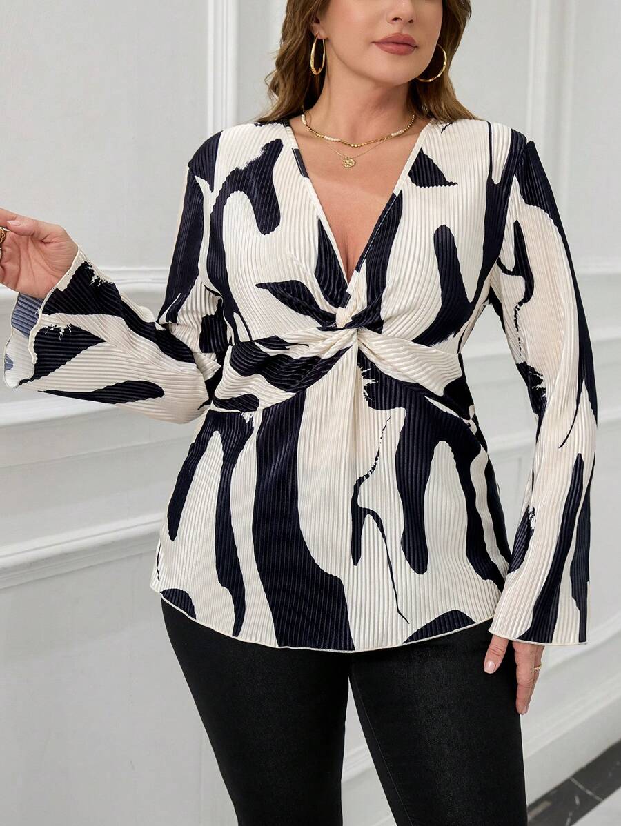 SHEIN Unity 大码女式褶皱黑白印花休闲 V 领束腰衬衫