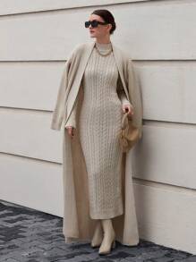 EURMUSE Solid Color Stand Collar Fitted Sweater Dress With Super Long Cardigan, Casual For Autumn/Winter - Apricot - View 3