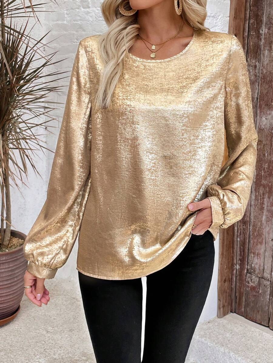 EMERY ROSE Long Sleeve Shirt,Women's Round-Neck Long-Sleeve Elegant Pink Shirt - Gold - View 1