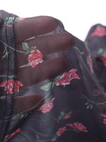 DAZY 情人节玫瑰与花卉印花透明网眼粉色短款方领长袖 T 恤女士节日、秋季服装