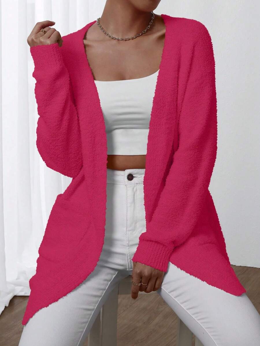 Chiquease Áo khoác cardigan dài tay màu trơn màu hồng thường ngày cho nữ, mặc hàng ngày - Màu Hồng Tươi - Xem 1