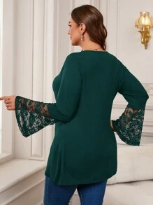 EMERY ROSE Ropa de invierno talla grande para mujeres, ropa navideña para mujeres de unicolor con inserto de encaje, cuello redondo, manga larga, camiseta casual