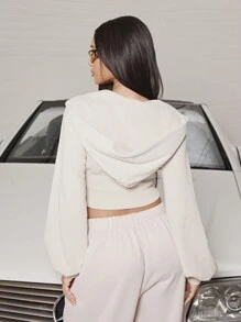 SUMWON WOMEN 修身拉链短款卫衣 Y2K 风格运动休闲健身运动时尚连帽休闲街头服饰运动休闲都市秋冬运动服 - 杏色 - 查看 2