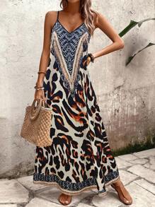 Breezaya Dames Luipaard Print Band Losse Vakantie Casual Alledaagse Lange Jurk