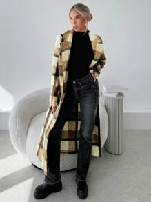 SHEIN Privé Women's Casual Fashion Simple Home & Commute Herringbone Lapel Loose Overcoat, Autumn/Winter