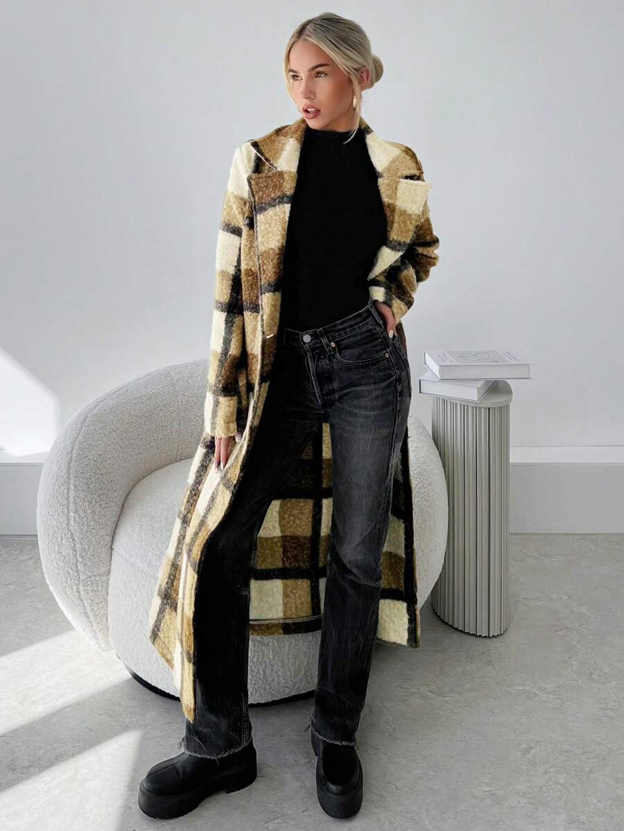 SHEIN Privé Women's Casual Fashion Simple Home & Commute Herringbone Lapel Loose Overcoat, Autumn/Winter