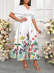 SHEIN Lady 女士优雅连衣裙 浪漫印花女士连衣裙 华丽连衣裙 - 白色 - 查看 4