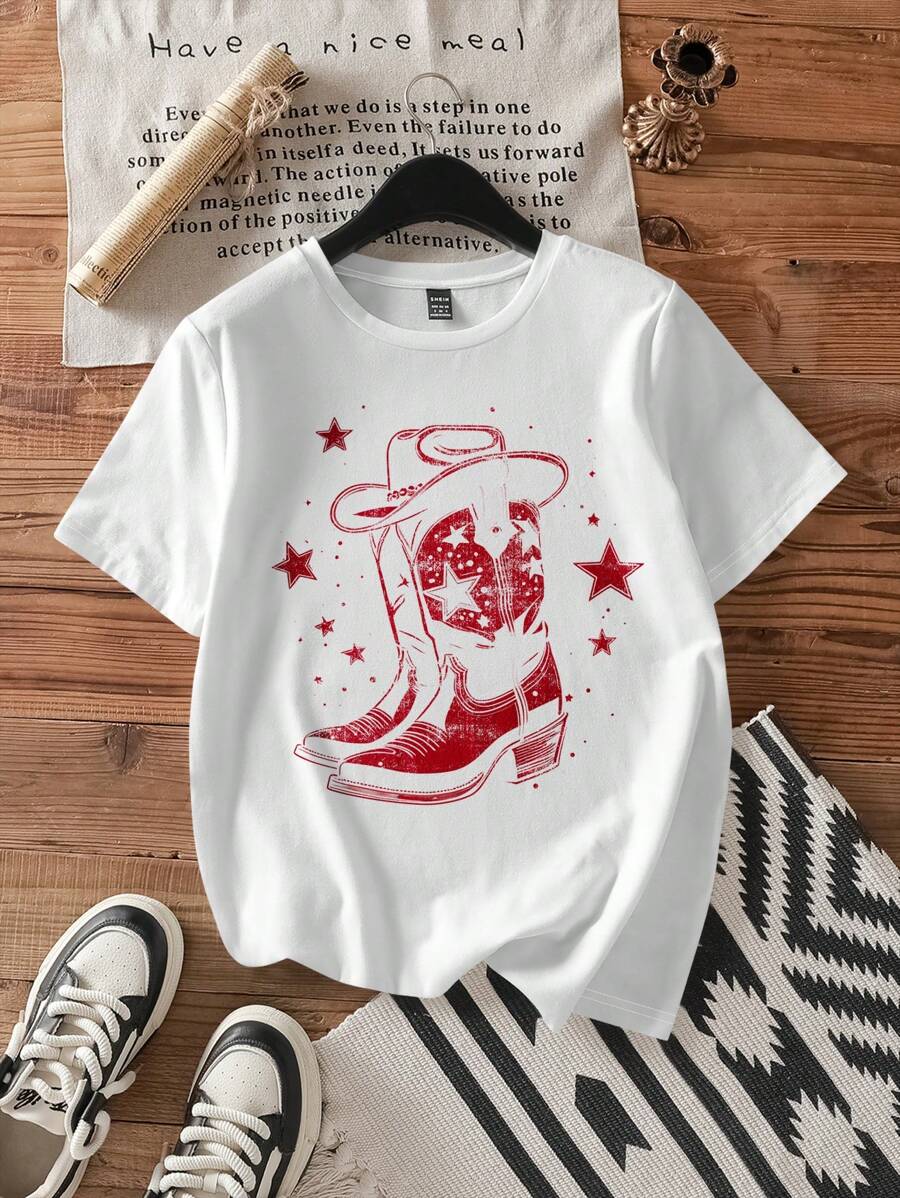 Attitoon Áo thun nữ tay ngắn cổ tròn in họa tiết cổ điển kiểu phương Tây, lý tưởng cho mùa hè - trắng - Xem 1