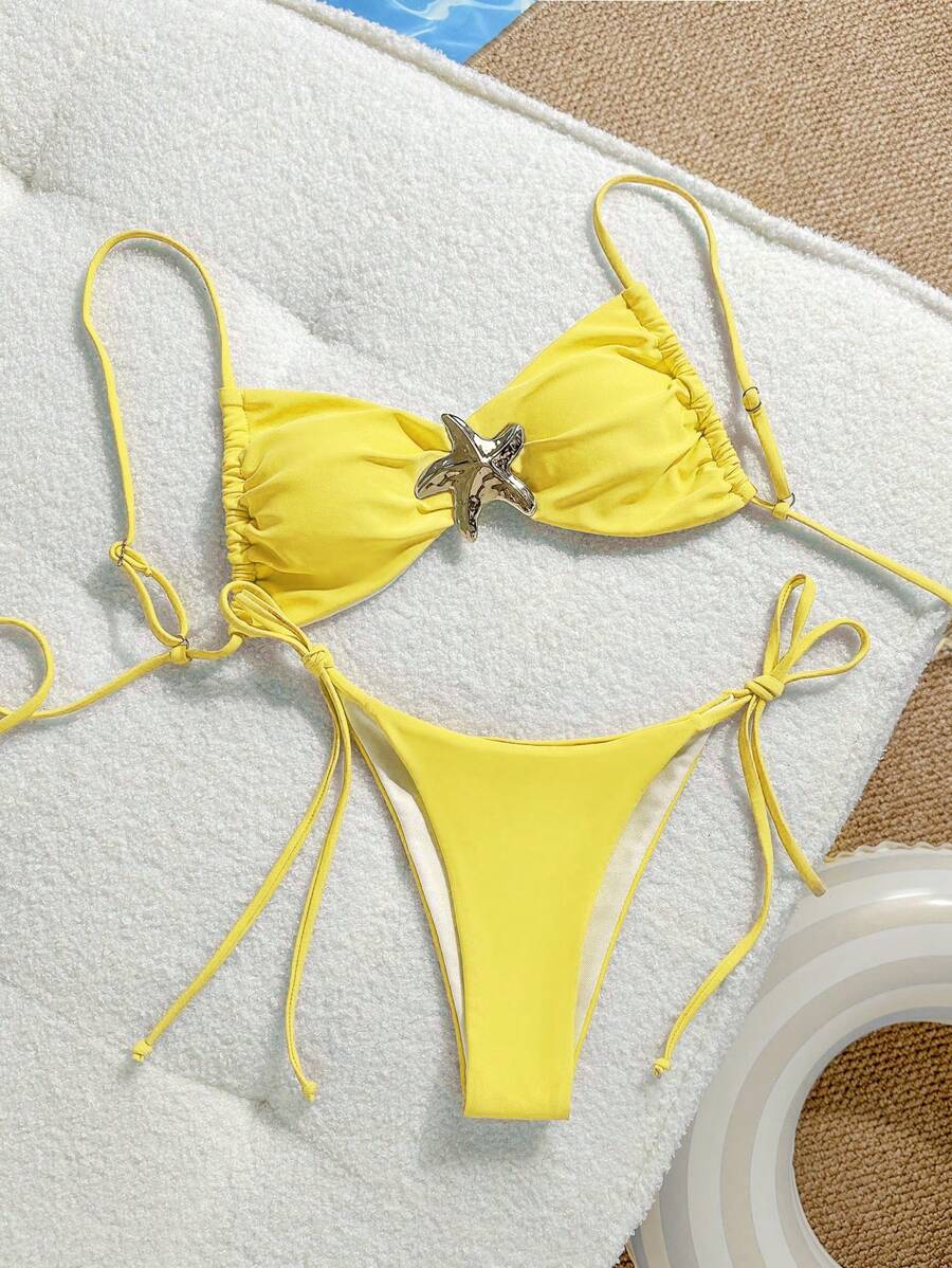 Swim Mod Women Solid Color Spaghetti Strap Triangle Bikini Set With Star Detail & Side Tie, Summer Swimwear For Casual & Holiday - Yellow - View 1