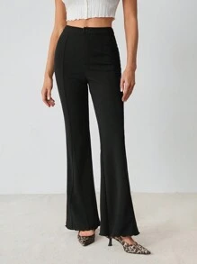 SHEIN Tall 女士纯色前扣喇叭休闲裤，适合日常穿着 - 黑色 - 查看 7