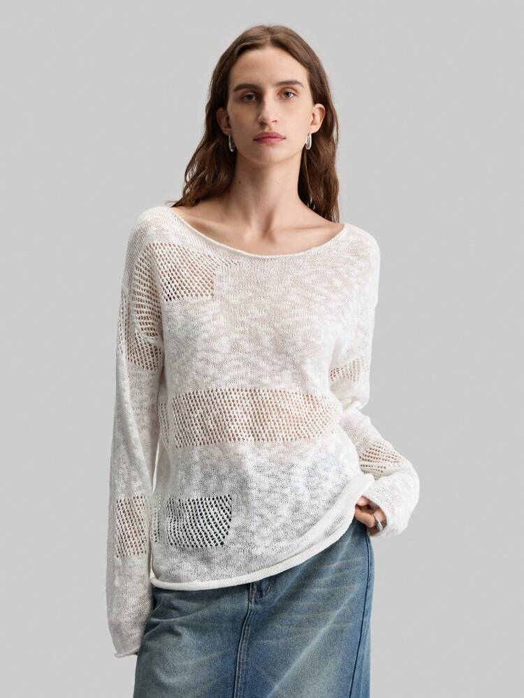 Women Plain Crew Neck Long Sleeve Hollow Design Casual Knit Sweater