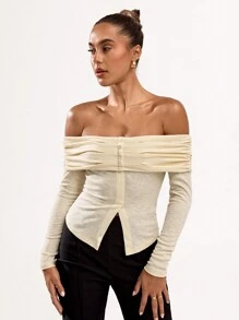 SHEIN BAE Women Off Shoulder Front Button Long Sleeve Minimalist Top - Apricot - View 6