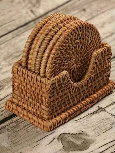 SHEIN 6pcs Handmade Rattan Coaster Set - Autumn Vine Design, Heat-Resistant Pot Mats For Kitchen & Dining, Wooden Storage Tea Accessories Valentine's Day, Valentines Wedding, Birthday