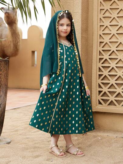 SHEIN 新款年轻女孩宫廷风格深绿色 Abaya Kaftan Jalabiya 束腰外衣、斋月国庆节斋月本土保守派服装、奢华金箔波尔卡圆点流苏连衣裙