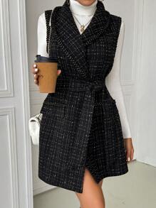 SHEIN Clasi Áo khoác quấn Boucle không tay thanh lịch dành cho nữ có viền ruy băng - màu đen - Xem 3