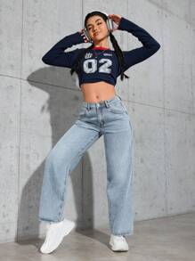 SHEIN PETITE Quần Jeans Jeans Denim Ống Thẳng Thoải Mái Thường Ngày Cho Nữ - Màu xanh lam - Xem 4