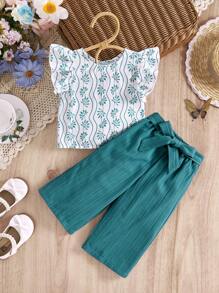 Travachic KIDS 女婴花卉印花荷叶边上衣和裤子 2 件套，夏季假期 - 綠色 - 查看 1