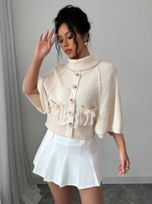Chiquease 2024 Autumn/Winter New Fashion High Collar Poncho With Bow Pocket Knit Sweater Knit Pullover Fall Outfit