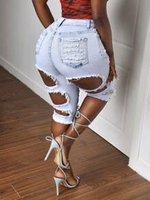 Slaydiva Jeans en denim simple délavé avec poches et boutons devant pour femmes, style casual - Bleu azur - Voir 2
