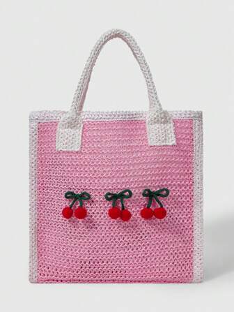 Kawaii Woven Pink Tote Bag For Women, Minimalist And Practical Multifunctional