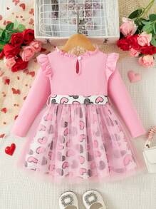 SHEIN Vestido informal de manga larga con estampado de letras y ribete de volantes para niña joven
