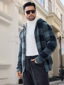Manfinity VCAY Áo len cardigan dáng ôm tay raglan có mũ trùm đầu thường ngày cho nam, phù hợp cho mùa thu/đông - màu đen - Xem 1