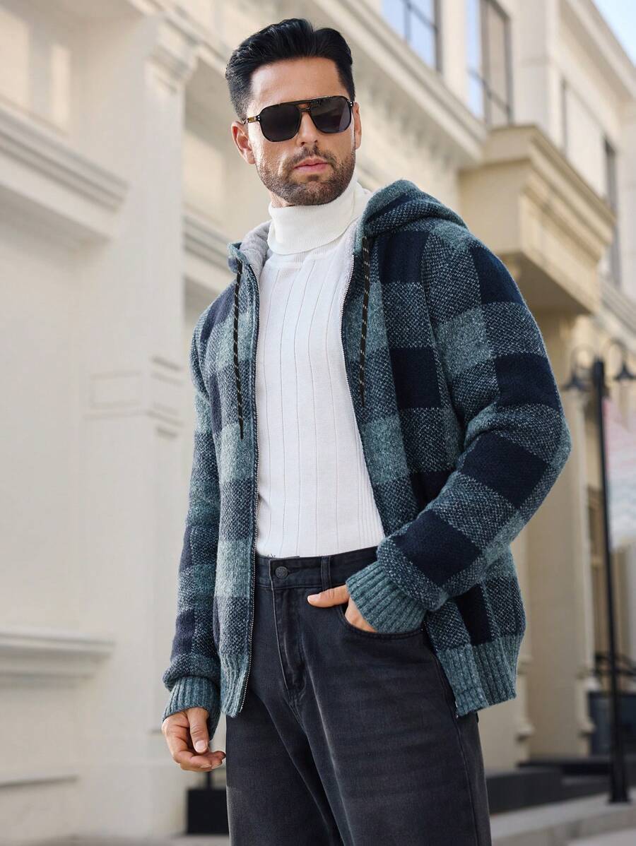 Manfinity VCAY Áo len cardigan dáng ôm tay raglan có mũ trùm đầu thường ngày cho nam, phù hợp cho mùa thu/đông - màu đen - Xem 1