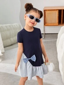 SHEIN Leap Crew 年轻女孩休闲学院风圆领长袖拼布连衣裙 - 黑色 - 查看 1