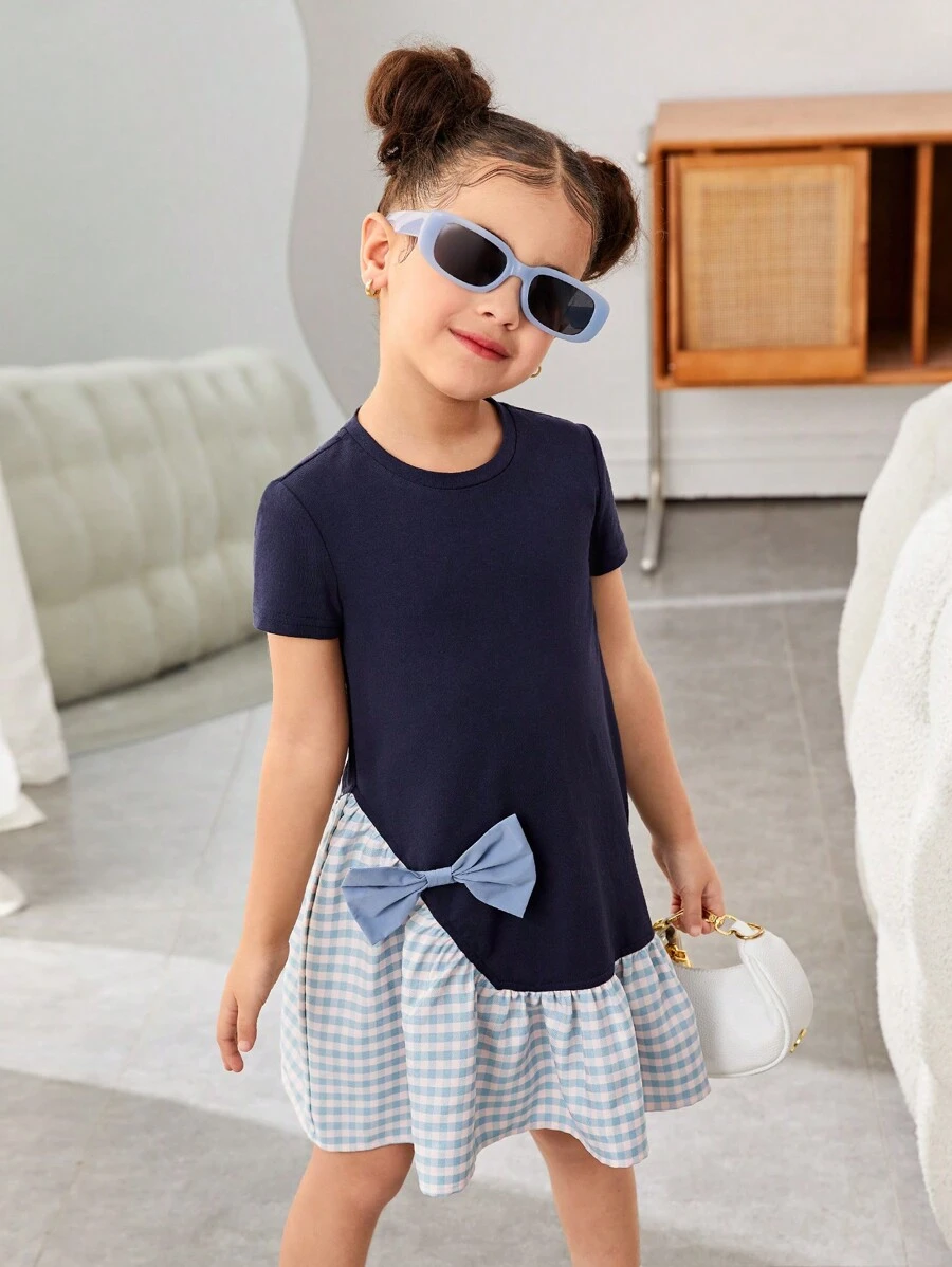 SHEIN Leap Crew 年轻女孩休闲学院风圆领长袖拼布连衣裙 - 黑色 - 查看 1