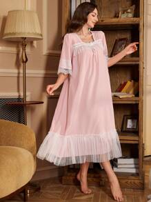 Women Lace Patchwork Bow Decor Simple Casual Sleep Dress Luxe Loungewear - Baby Pink - View 4